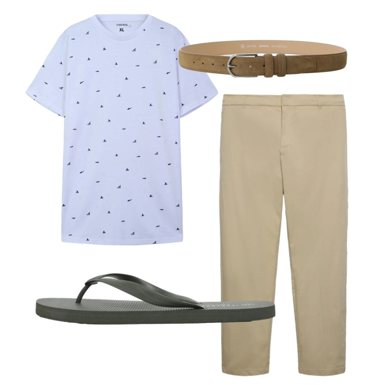 Outfit uomo - Total look #2421782. Stile Trendy per Tutti i giorni. Abbinamento con t-shirt, pantaloni chino, sandali, cinture.