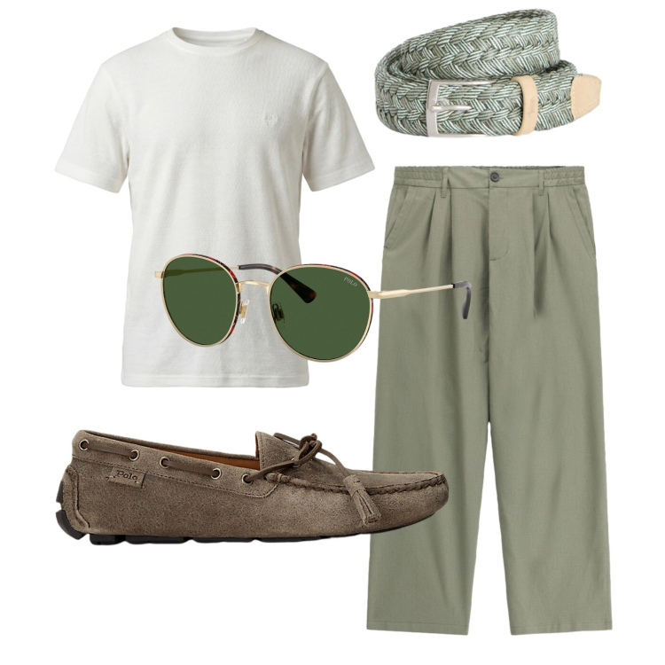 Outfit uomo - Total look #2421783. Stile Trendy per Serata speciale. Abbinamento con t-shirt, cinture, scarpe stringate, occhiali da sole, pantaloni.