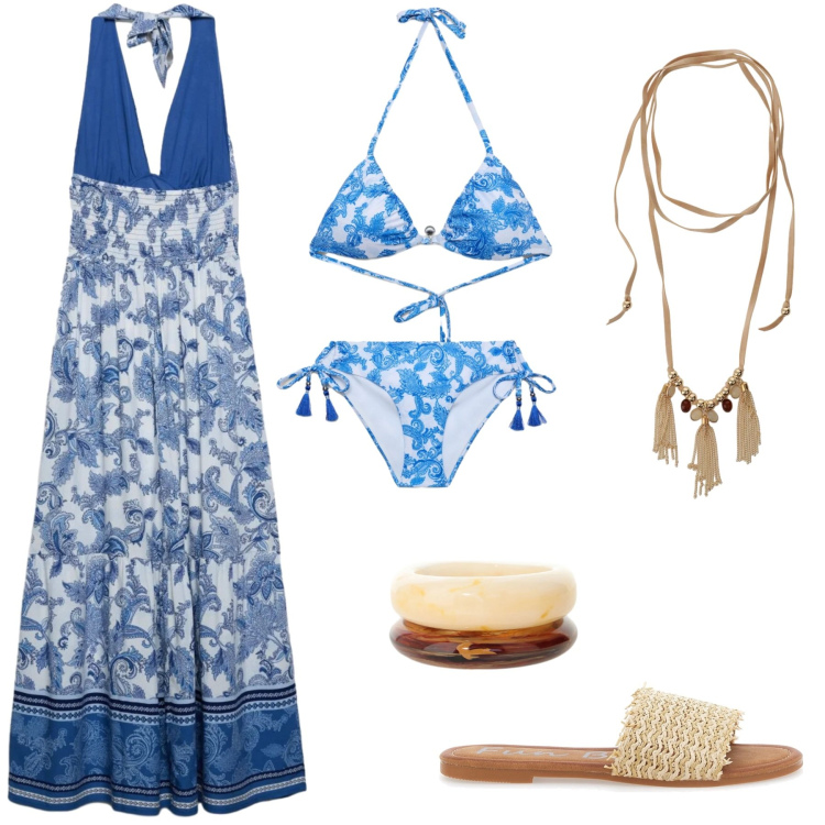Outfit donna - Il mare dentro. Stile Etnico per Tutti i giorni. Abbinamento con bikini, vestiti lunghi, bikini, collane, braccialetti, ciabatte.