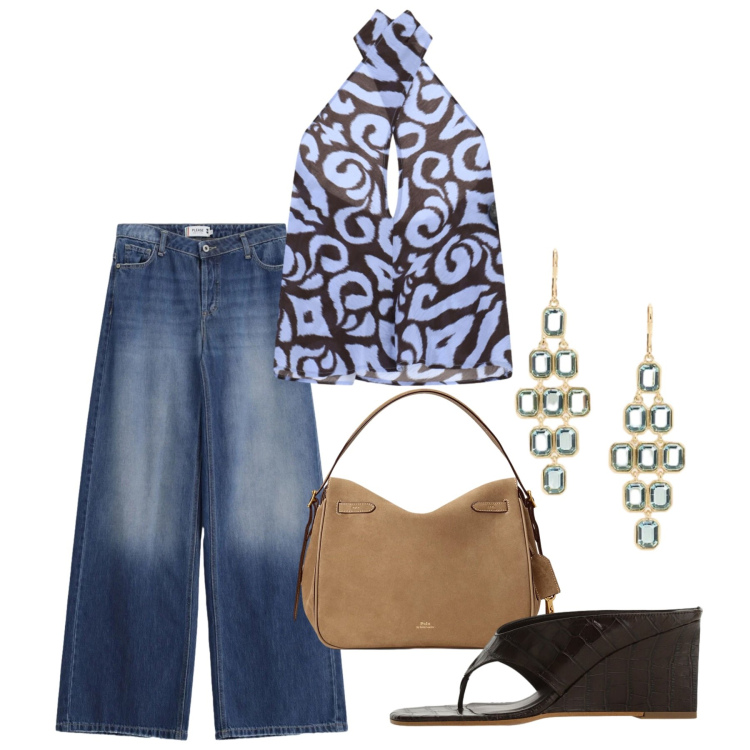 Outfit donna - Oroscopo Il cancro - Maree emotive. Stile Casual chic per Tutti i giorni. Abbinamento con jeans, borse a mano, orecchini, sandali, top.