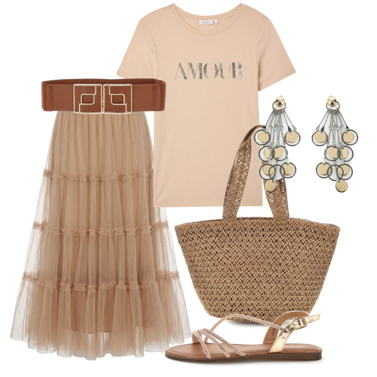 Outfit donna - Oroscopo Il cancro - Maree emotive. Stile Romantica per Serata fuori. Abbinamento con t-shirt, orecchini, gonne lunghe, cinture, borse a spalla, sandali.