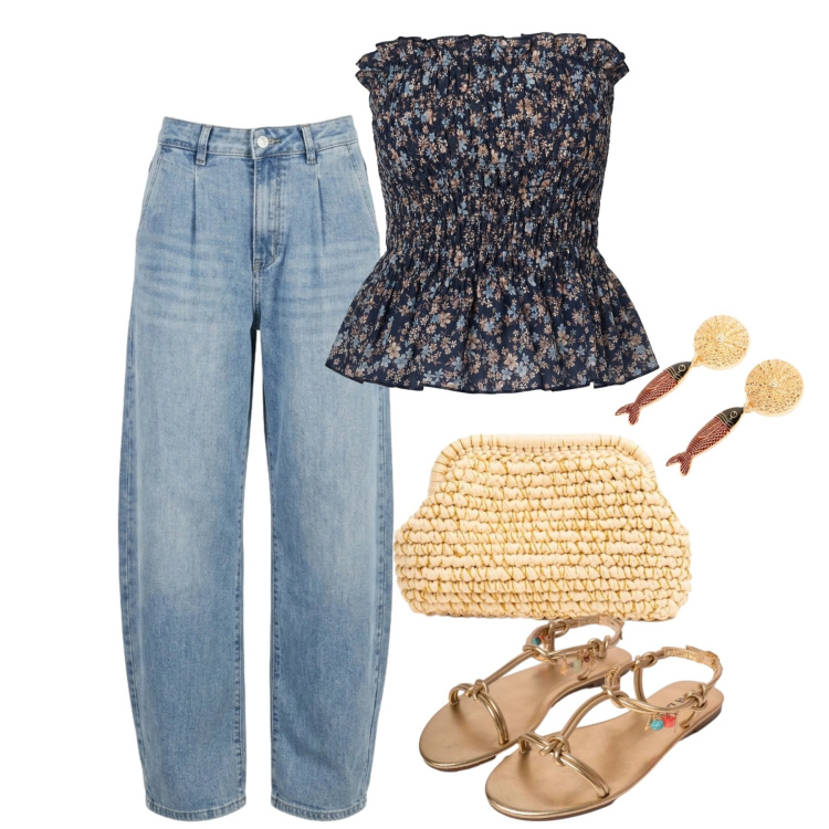 Outfit donna - Summer Confidence. Stile Boho per Tutti i giorni. Abbinamento con top, jeans, sandali in pelle, orecchini, clutch.