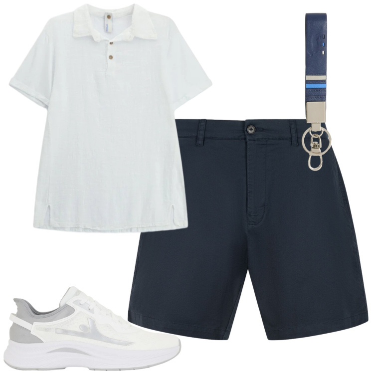 Outfit uomo - Giugno. Stile Casual per Tutti i giorni. Abbinamento con portachiavi, sneakers, bermuda, polo.