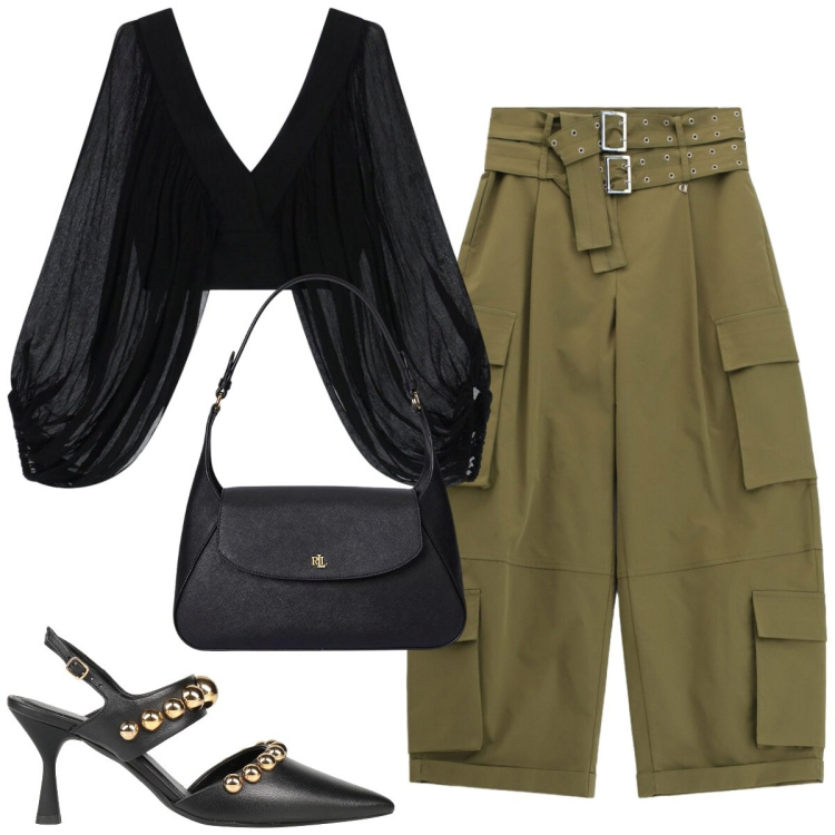 Outfit donna - Aperitivo dessert. Stile Casual chic per Tutti i giorni. Abbinamento con décolleté, top, borse a spalla, pantaloni cargo.