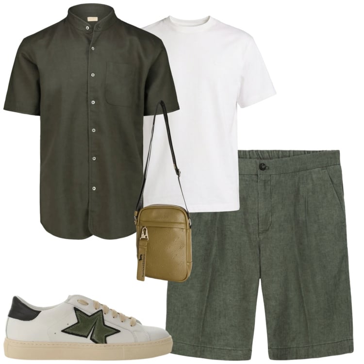 Outfit uomo - City. Stile Casual per Tutti i giorni. Abbinamento con t-shirt, borse sportive, bermuda, camicie a manica corta, sneakers.
