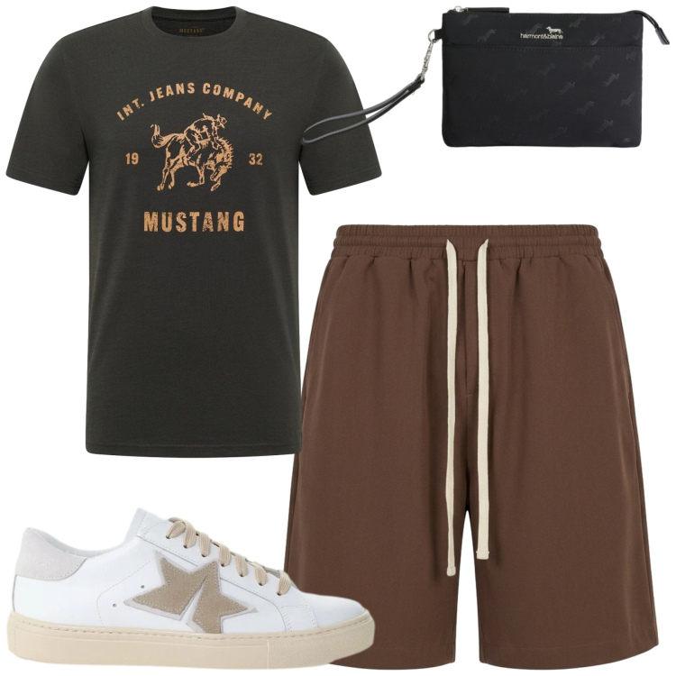 Outfit uomo - Giugno. Stile Casual per Tutti i giorni. Abbinamento con t-shirt, borse sportive, pantaloni corti, sneakers.