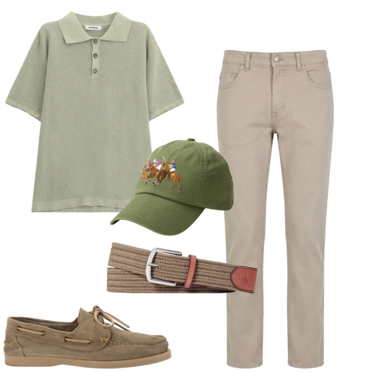 Outfit uomo - Giugno. Stile Casual per Tutti i giorni. Abbinamento con pantaloni, scarpe stringate, cinture, cappelli, polo.