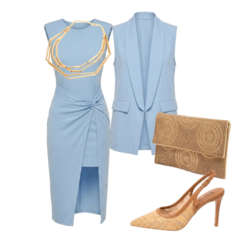 Outfit donna - Summer Confidence. Stile Chic per Cerimonia. Abbinamento con vestiti asimmetrici, collane, gilet, clutch, décolleté.