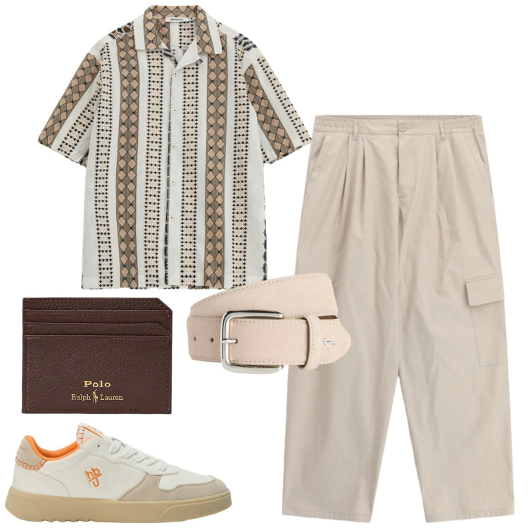 Outfit uomo - Gin. Stile Casual per Tutti i giorni. Abbinamento con sneakers, cinture, portafogli, camicie a manica corta, pantaloni cargo.