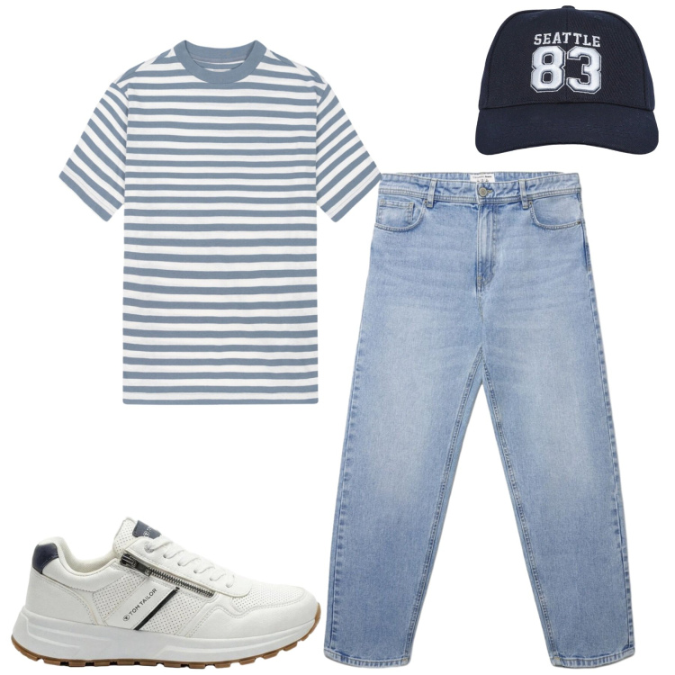 Outfit uomo - Total look #2421813. Stile Casual per Tutti i giorni. Abbinamento con sneakers, cappelli, jeans, t-shirt.