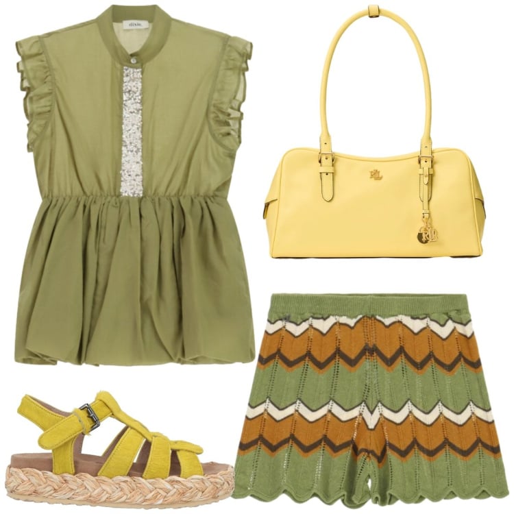 Outfit donna - Mango e lime. Stile Etnico per Tutti i giorni. Abbinamento con espadrillas, borse a mano, top, shorts.