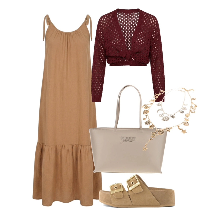 Outfit donna - Summer Confidence. Stile Boho per Tutti i giorni. Abbinamento con cardigans, vestiti midi/longuette, ciondoli, sandali in pelle, borse a spalla.