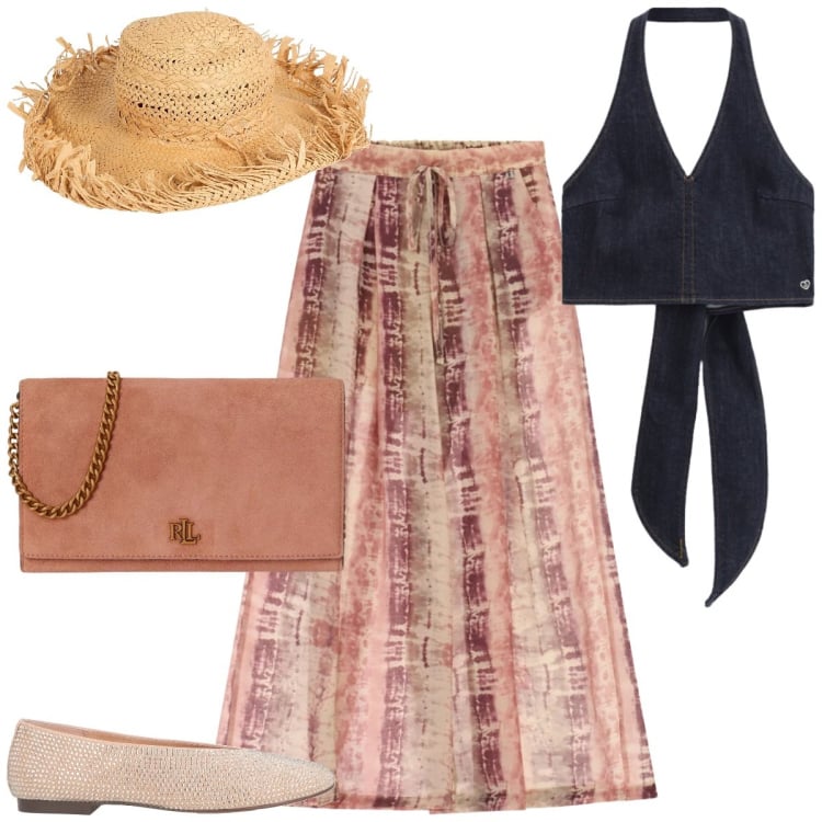 Outfit donna - Gita fuori porta con stile. Stile Chic per Tutti i giorni. Abbinamento con ballerine, cappelli, top, borse a tracolla, pantaloni a palazzo.