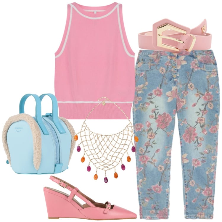 Outfit donna - Gita. Stile Casual per Tutti i giorni. Abbinamento con zaini, décolleté, top, cinture, jeans, collane.
