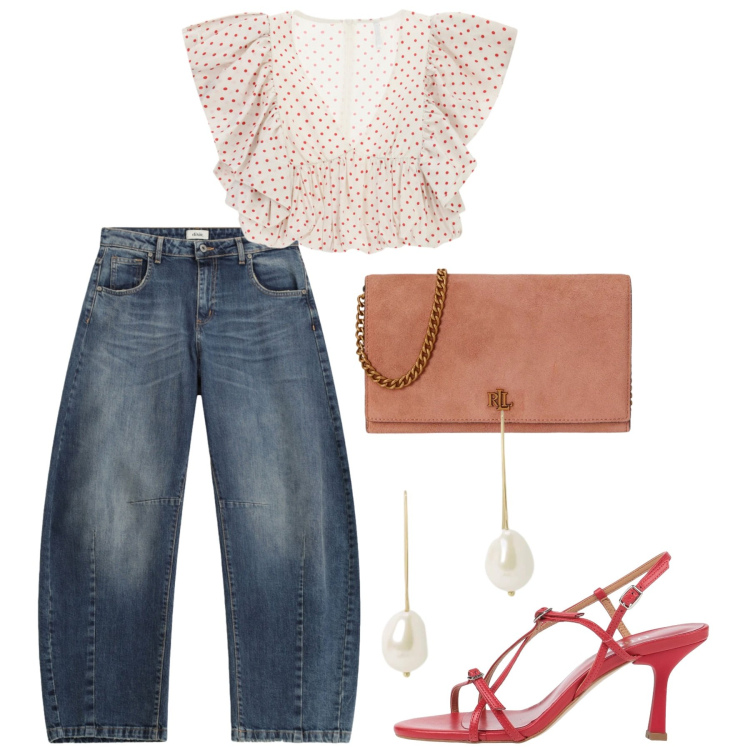 Outfit donna - Giugno. Stile Casual chic per Tutti i giorni. Abbinamento con sandali in pelle, top, orecchini, borse a tracolla, jeans.