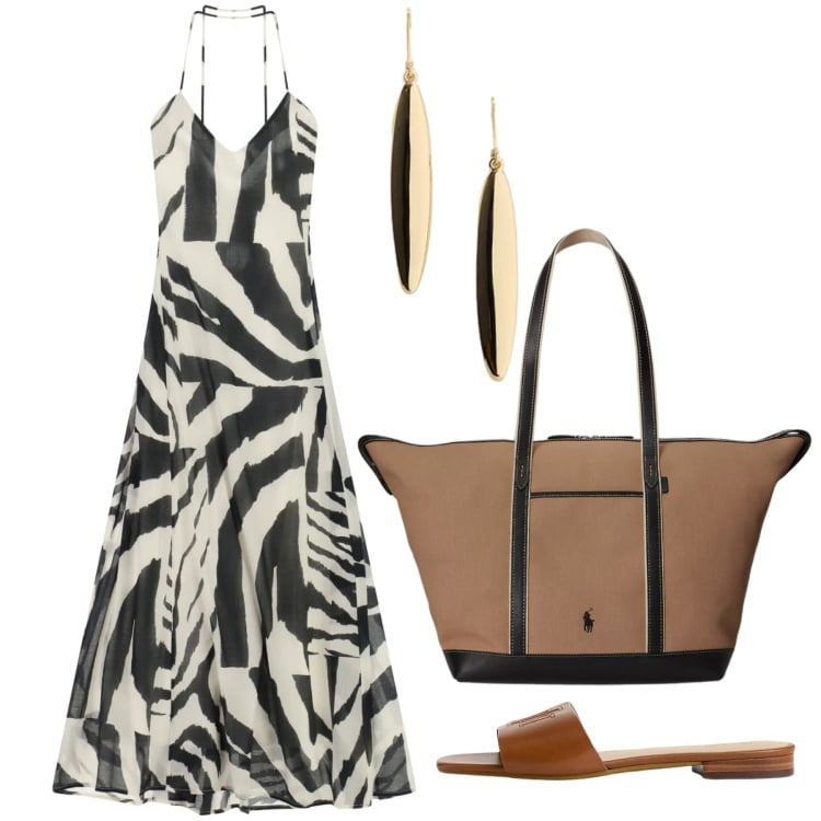 Outfit donna - Leggero animalier. Stile Chic per Tutti i giorni. Abbinamento con vestiti lunghi, borse tote, ciabatte, orecchini.