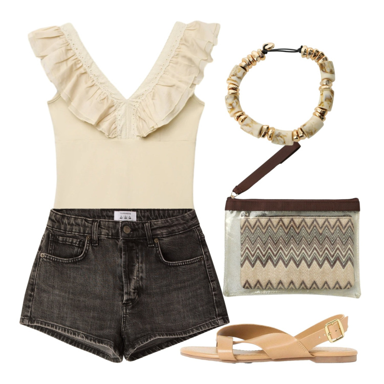 Outfit donna - Giugno shorts. Stile Casual per Tutti i giorni. Abbinamento con sandali, canottiere, pochette, shorts, braccialetti.