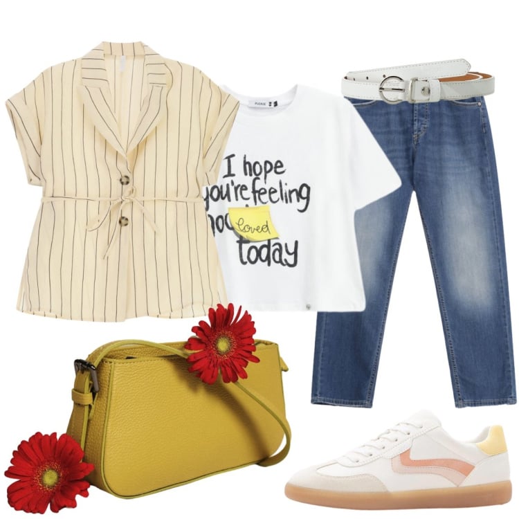 Outfit donna - Pronta per la gita fuori porta. Stile Casual chic per Tutti i giorni. Abbinamento con sneakers, blazer, cinture, t-shirt, jeans dritti, borse a spalla.