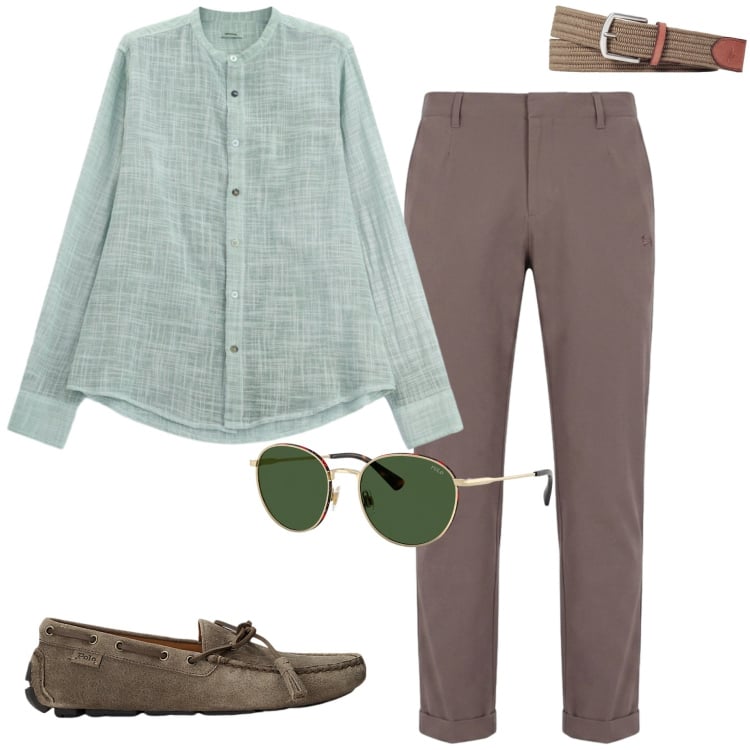 Outfit uomo - Eleganza rilassata. Stile Business/Elegante per Serata speciale. Abbinamento con camicie, pantaloni, scarpe stringate, cinture, occhiali da sole.