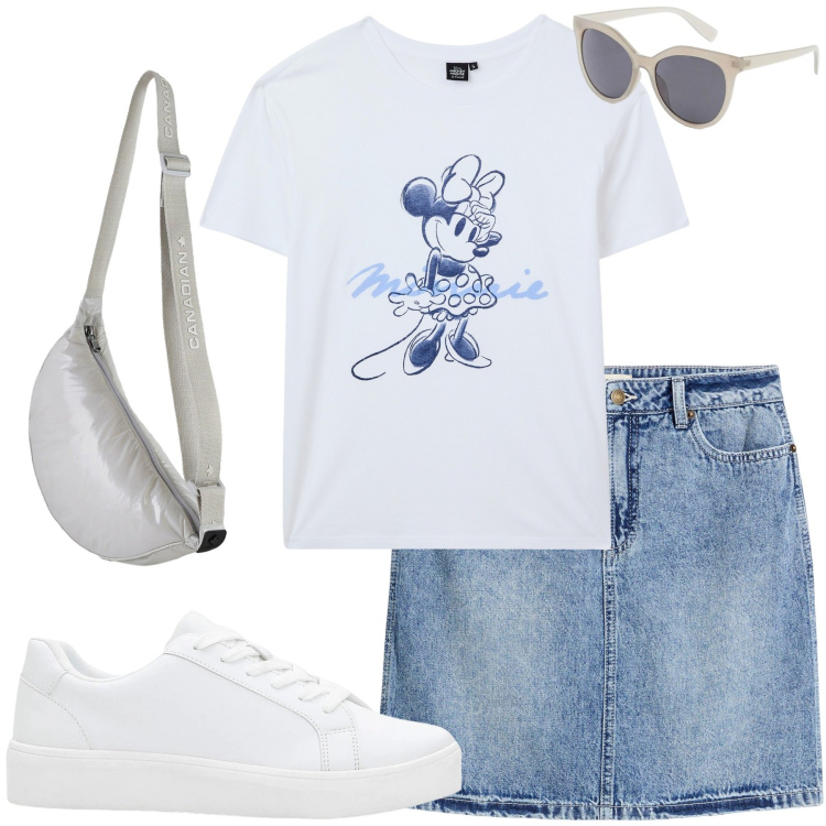 Outfit donna - Minnie Chic Urbano. Stile Casual per Tutti i giorni. Abbinamento con minigonne, sneakers, occhiali da sole, t-shirt, collane, borse a tracolla.