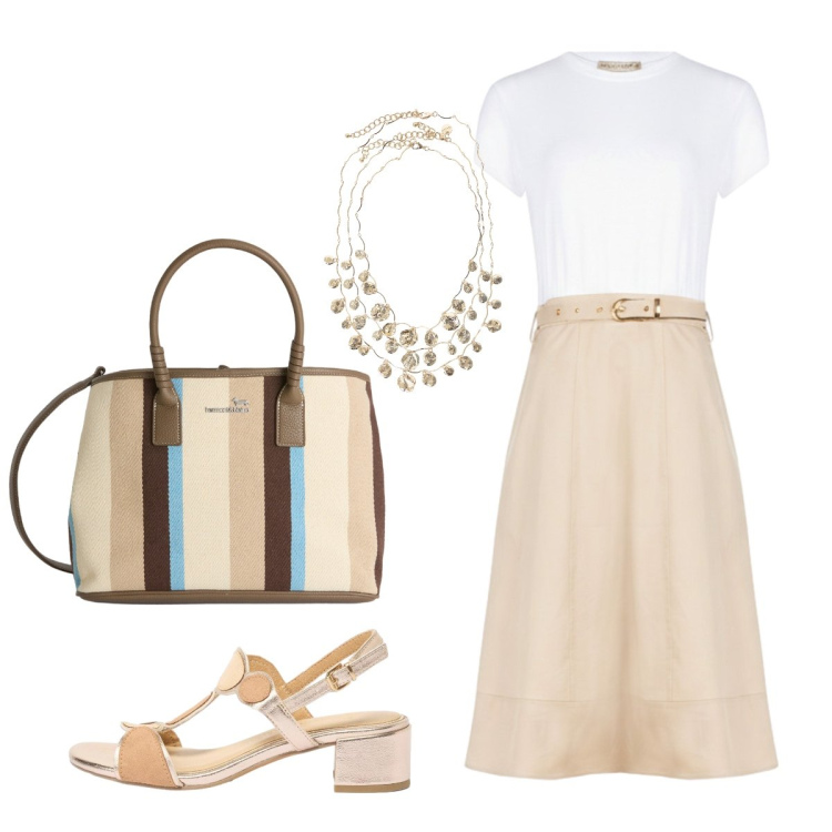 Outfit donna - Oggi gita ai Musei. Stile Bon Ton per Tutti i giorni. Abbinamento con sandali col tacco, shopping bag, vestiti midi/longuette, collane.