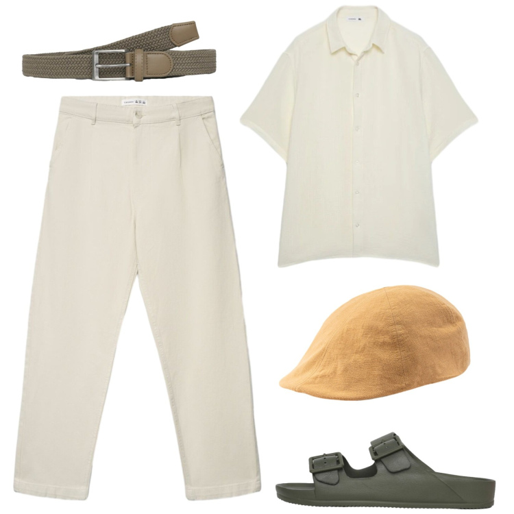 Outfit uomo - Prime notti d\'estate. Stile Trendy per Tutti i giorni. Abbinamento con cinture, pantaloni chino, sandali, camicie a manica corta, cappelli con visiera.