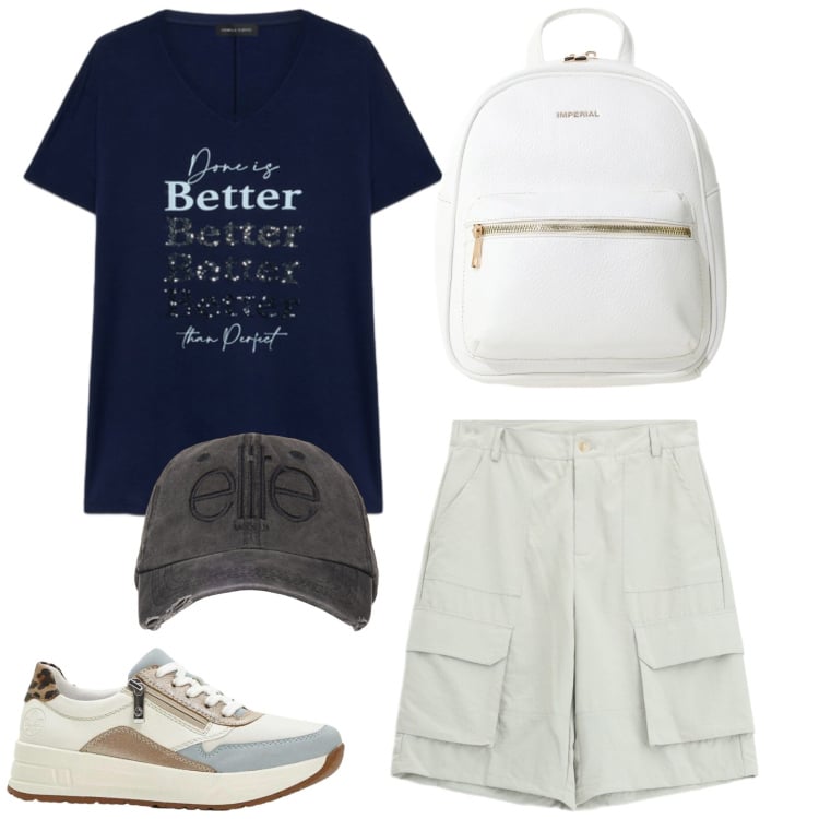 Outfit donna - In giro. Stile Casual per Tutti i giorni. Abbinamento con sneakers, bermuda, zaini, cappelli, t-shirt.