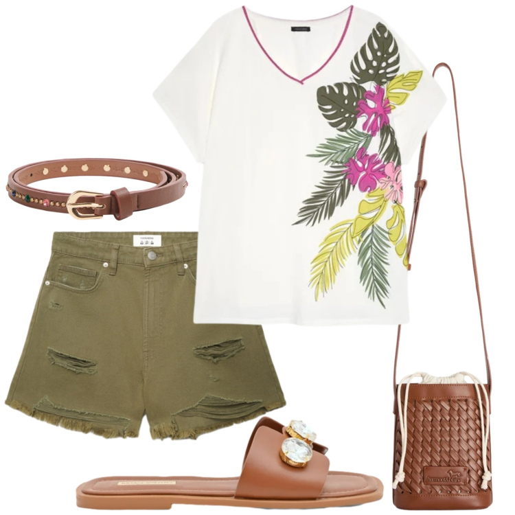 Outfit donna - Total look #2421888. Stile Casual per Tutti i giorni. Abbinamento con shorts, cinture, borse a secchiello, sandali gioiello, t-shirt.