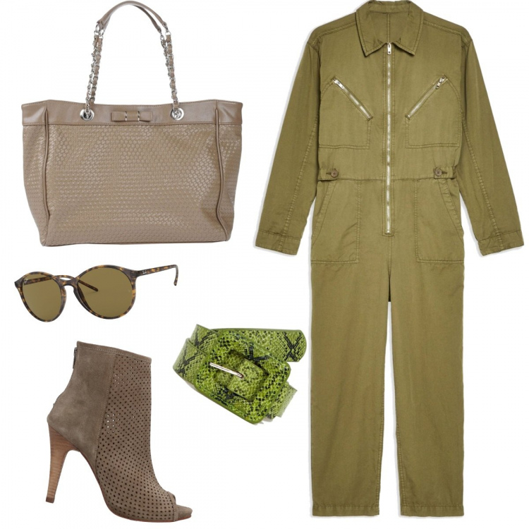 Outfit donna - Jumpsuit mania. Stile Trendy per Tutti i giorni. Abbinamento con salopette collo classico a maniche lunghe con zip in gabardine tinta unita, stivaletti effetto scamosciato con zip open toe tinta unita, borsa a mano con fiocco maxi con zip interno foderato in pelle sintetica tinta unita, occhiali da sole, cintura con stampa e fibbia in denim lunghezza regolabile.