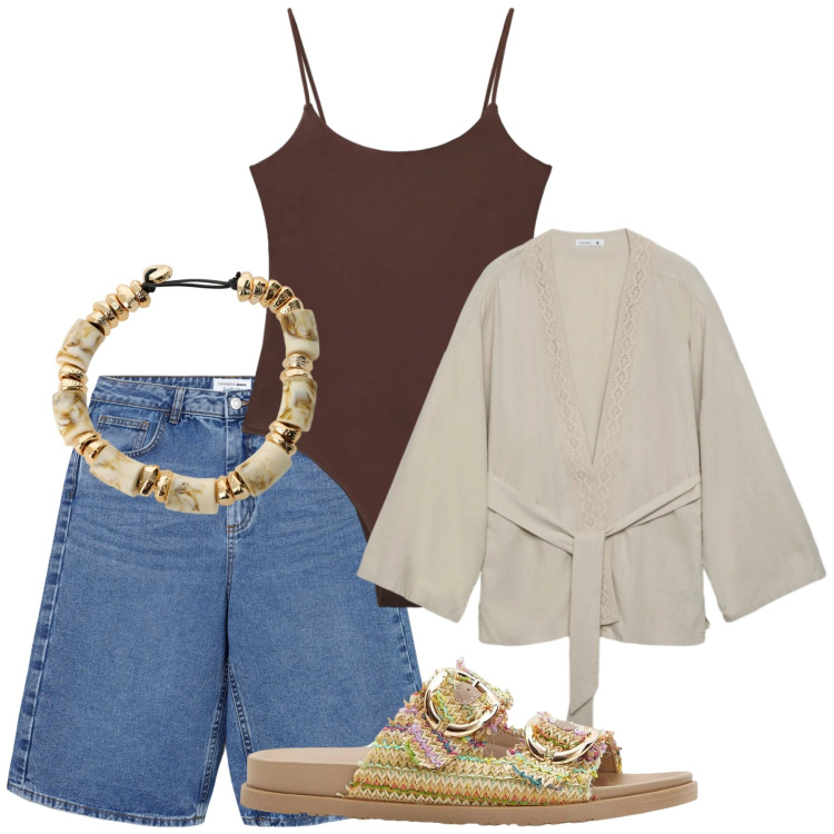 Outfit donna - Total look #2421891. Stile Basic per Tutti i giorni. Abbinamento con ciabatte, bermuda, top, kimono, braccialetti.