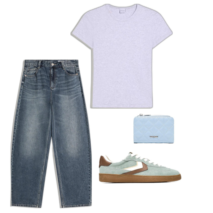 Outfit mujer - Basic look. Estilo Basic para Todos los días. Combinación con camiseta, monederos, vaqueros, sneakers.