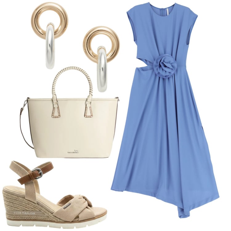 Outfit donna - Total look #2421910. Stile Bon Ton per Tutti i giorni. Abbinamento con sandali col tacco, shopping bag, vestiti midi/longuette, orecchini.
