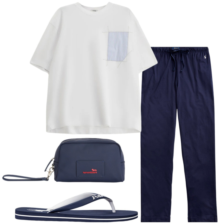 Outfit uomo - Relax. Stile Casual per Tutti i giorni. Abbinamento con borse sportive, pantaloni, sandali, t-shirt.