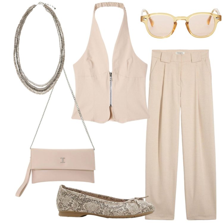 Outfit donna - Total look #2421953. Stile Casual per Tutti i giorni. Abbinamento con pantaloni, ballerine, top, occhiali da sole, borse a tracolla, collane.