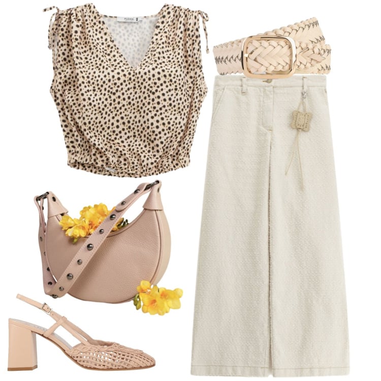 Outfit donna - Aperitivo. Stile Casual per Tutti i giorni. Abbinamento con décolleté, cinture, pantaloni a palazzo, top, borse a spalla.