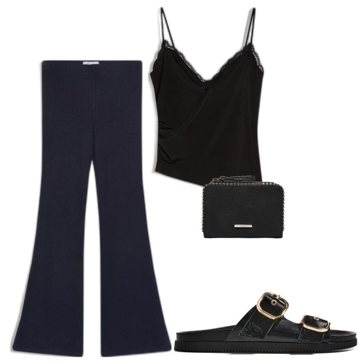 Outfit mujer - Basic look. Estilo Basic para Todos los días. Combinación con pantalones, top, sandalias, monederos.