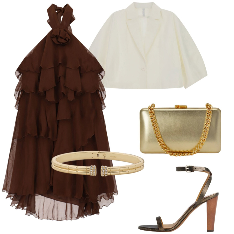 Outfit donna - Aperitivo d’estate. Stile Casual chic per Serata fuori. Abbinamento con blazer, clutch, braccialetti, sandali col tacco, vestiti corti.