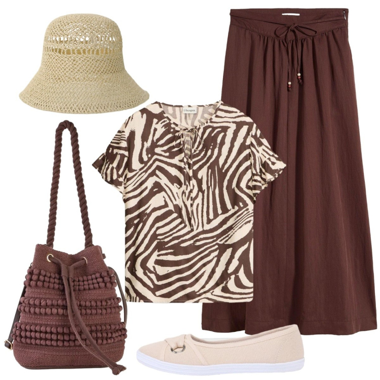 Outfit donna - Estate in stile naturale. Stile Minimal per Tutti i giorni. Abbinamento con gonne lunghe, camicie a manica corta, borse a secchiello, ballerine, cappelli.