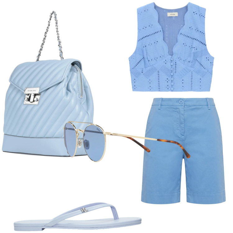 Outfit donna - Turchese d\'estate. Stile Basic per Tutti i giorni. Abbinamento con zaini, bermuda, ciabatte, occhiali da sole, top.