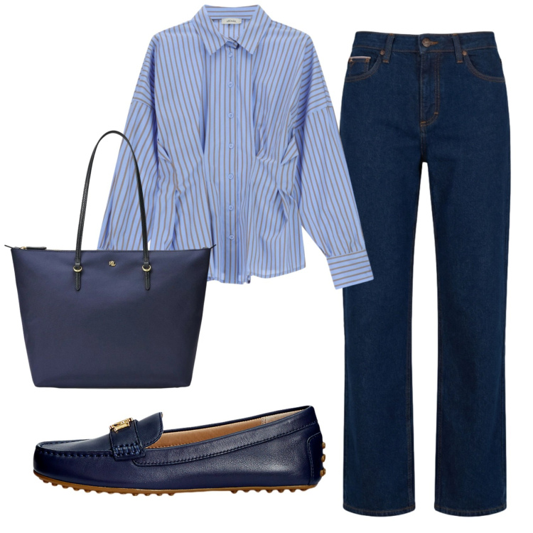 Outfit donna - Total look #2421992. Stile Casual chic per Ufficio. Abbinamento con jeans, mocassini, borse tote, camicie.