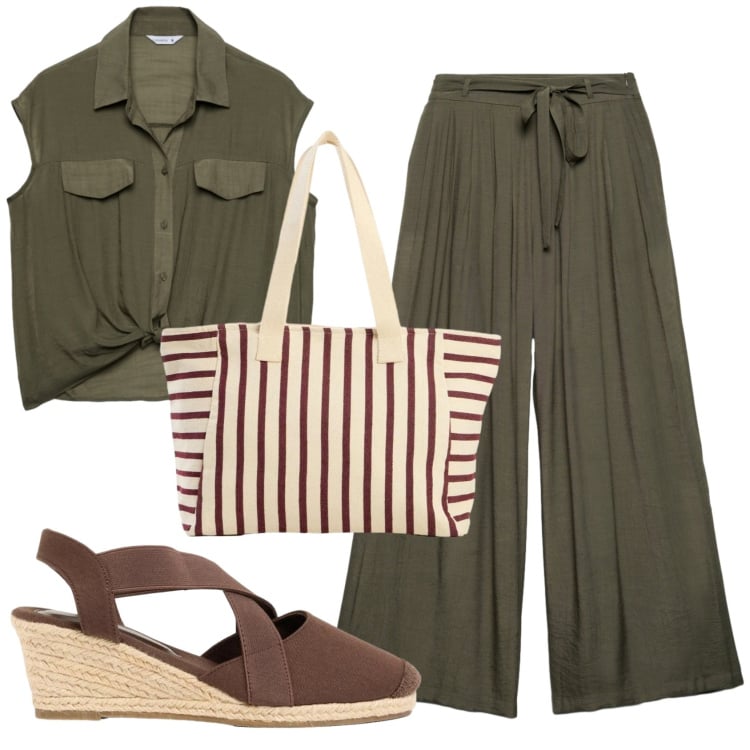 Outfit donna - Total look #2421993. Stile Basic per Ufficio. Abbinamento con zeppe, shopping bag, camicie a manica corta, pantaloni.