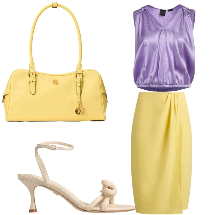 Outfit donna - Giallo e viola. Stile Chic per Serata fuori. Abbinamento con sandali in pelle, top, gonne, borse a mano.