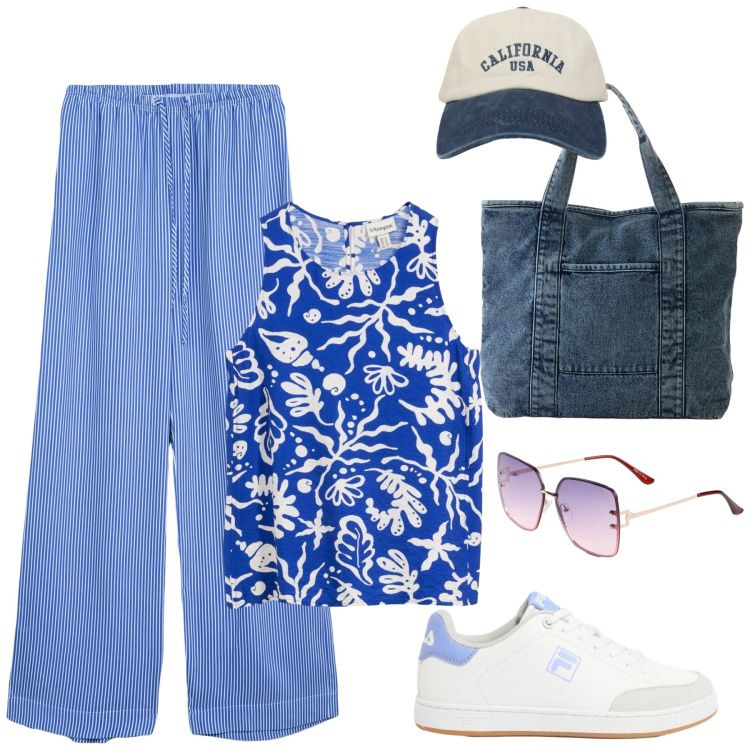 Outfit donna - Pronta per partire!. Stile Casual chic per Tutti i giorni. Abbinamento con shopping bag, sneakers, occhiali da sole, canottiere, pantaloni, cappelli con visiera.