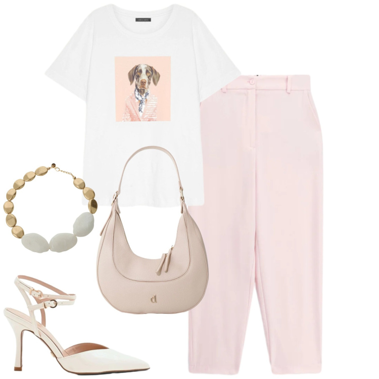 Outfit donna - Giugno. Stile Urban per Tutti i giorni. Abbinamento con pantaloni, décolleté, t-shirt, borse a tracolla, collane.