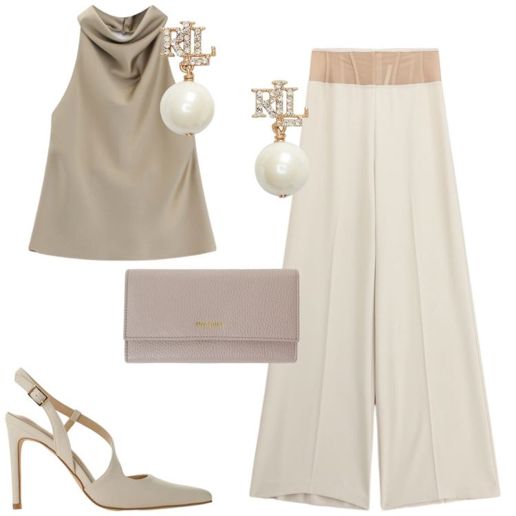 Outfit donna - Chic. Stile Chic per Serata fuori. Abbinamento con pantaloni a palazzo, décolleté, portafogli, top, orecchini.
