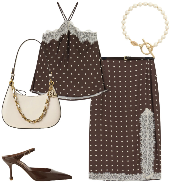 Outfit donna - Pois. Stile Trendy per Tutti i giorni. Abbinamento con canottiere, gonne lunghe, borse a spalla, braccialetti, décolleté.
