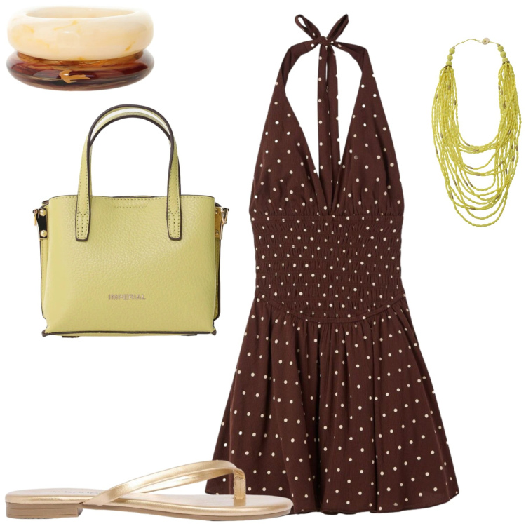 Outfit donna - Frou frou. Stile Trendy per Tutti i giorni. Abbinamento con sandali, vestiti corti, braccialetti, borse a tracolla, collane.