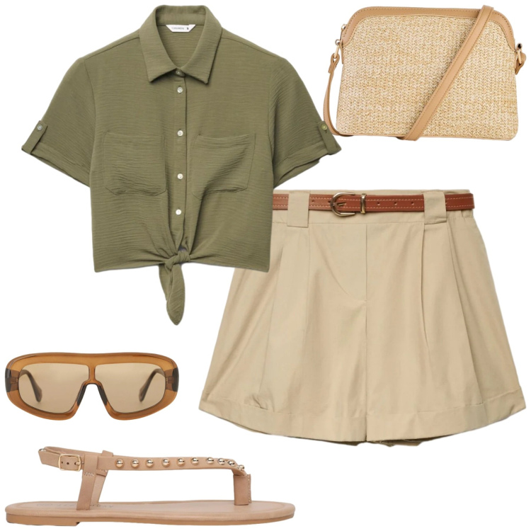 Outfit donna - City. Stile Casual per Tutti i giorni. Abbinamento con borse a tracolla, shorts, camicie a manica corta, ciabatte, occhiali da sole.
