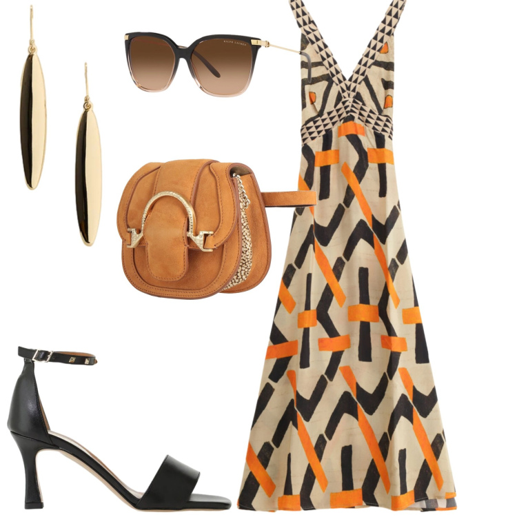 Outfit donna - Glam. Stile Glamour per Mare. Abbinamento con marsupi, sandali col tacco, occhiali da sole, orecchini, vestiti lunghi.