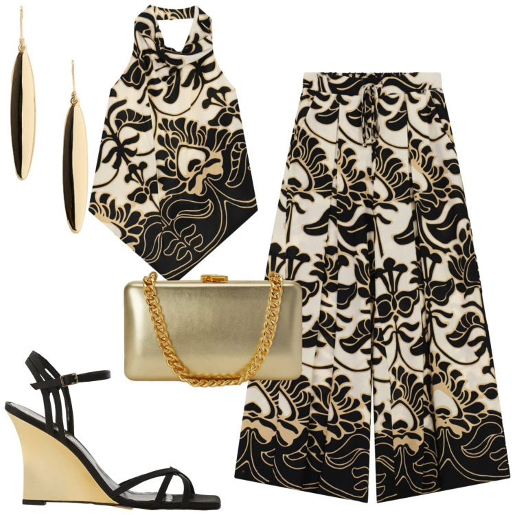 Outfit donna - Serata. Stile Glamour per Serata fuori. Abbinamento con clutch, orecchini, sandali col tacco, top, pantaloni a palazzo.